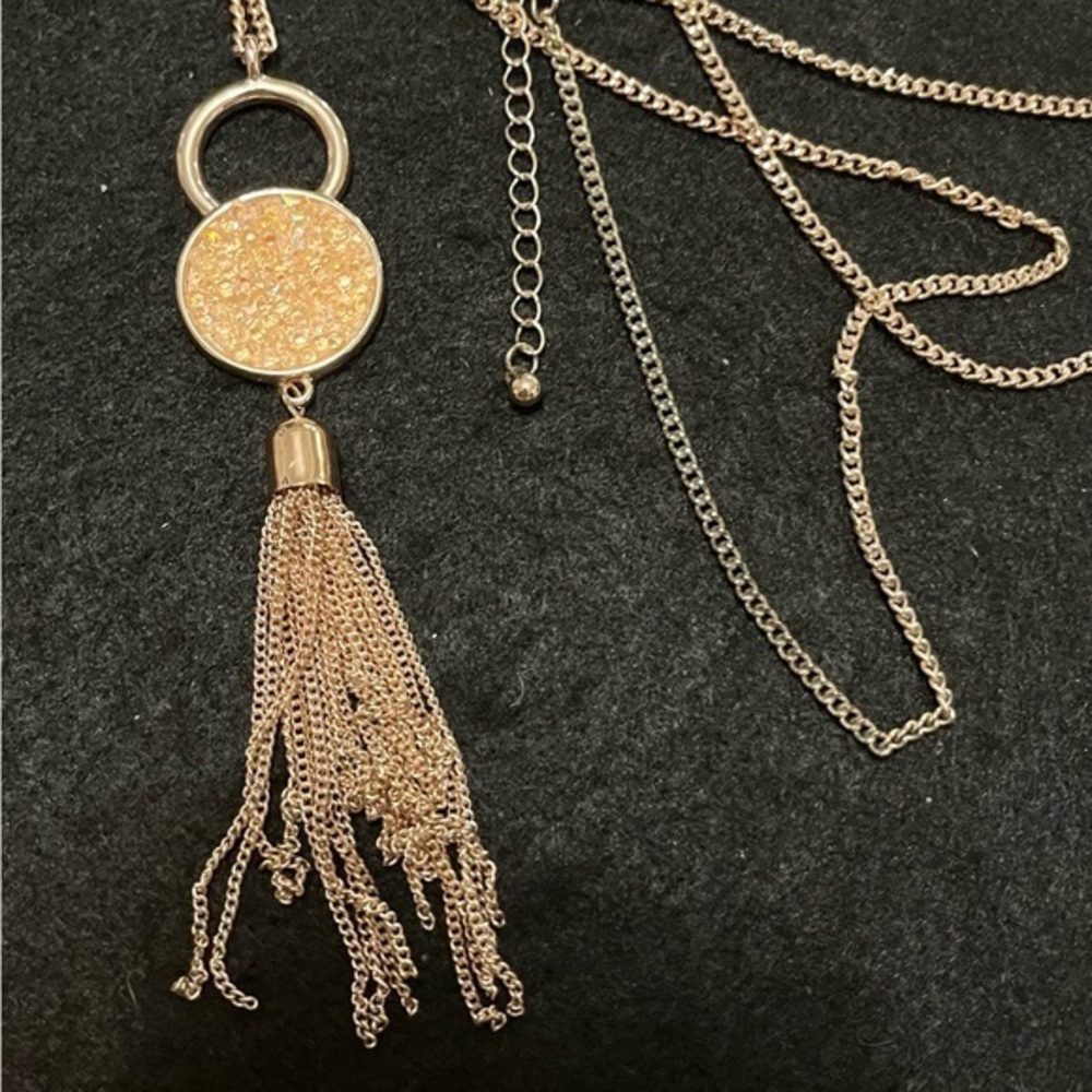 Nine West Rose Gold Tassel Necklace Orange Peach Sparkling Pendant